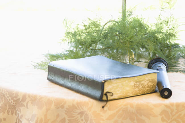 Livro e microfone na mesa com arranjo floral. — Fotografia de Stock