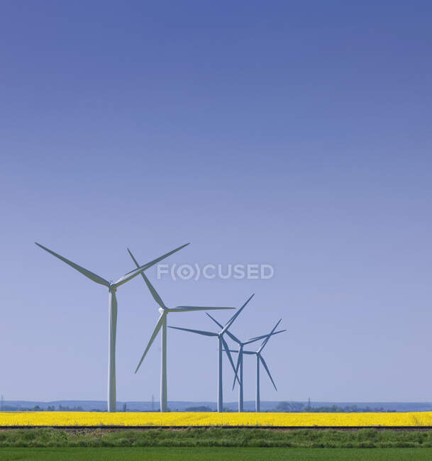 Turbinas eólicas en el campo de cultivo. - foto de stock