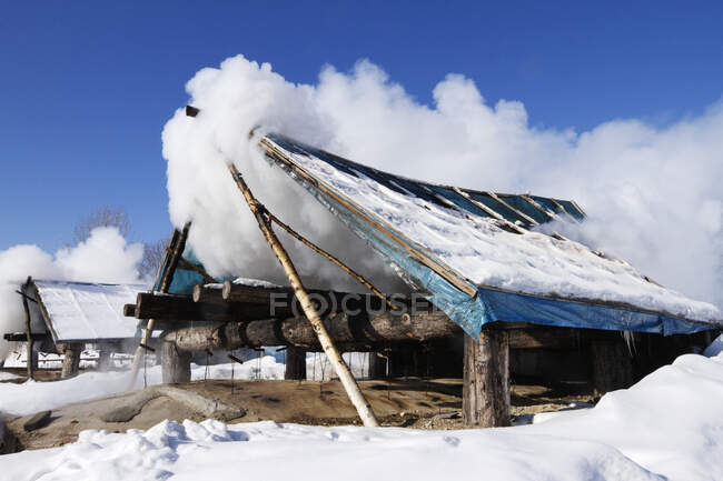 Cabaña de madera cubierta de nubes en la nieve. - foto de stock