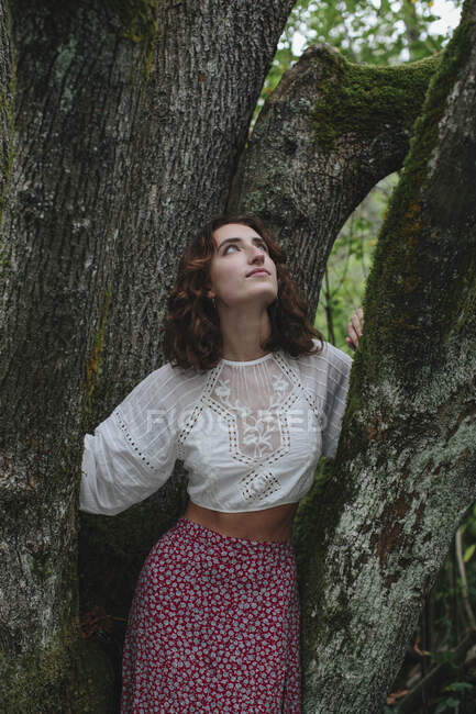 Portrait of seventeen year old girl standing in front of mossy maple tree — Stock Photo