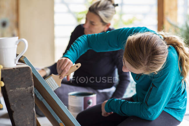 Adolescente et sa mère peignent des étagères en bois bleues sur une terrasse — Photo de stock