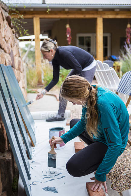 Adolescente y su madre pintando estantes de madera azul en una terraza - foto de stock