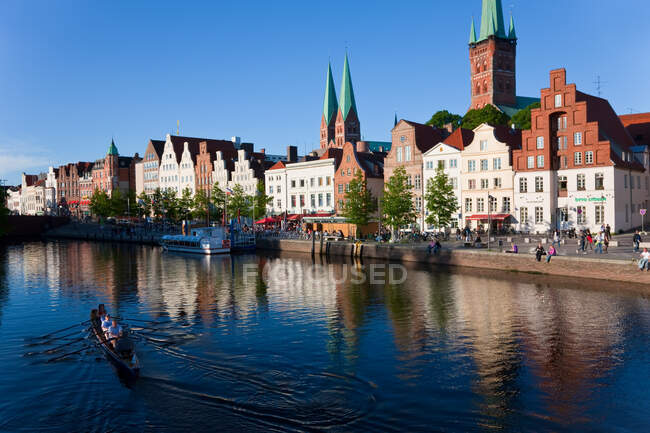 Old town and River Trave at Lubeck, St. Mary and St. Peters Churches left and right. — Stock Photo