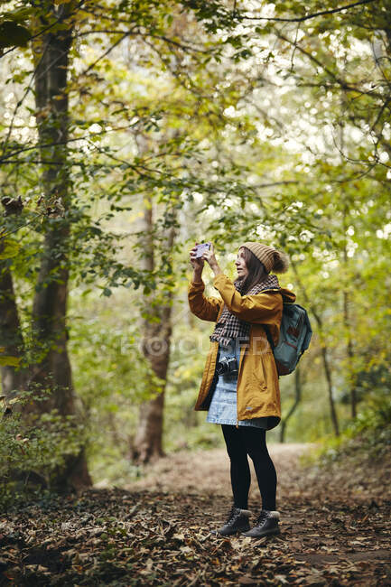 Femme debout sur le sentier boisé prenant des photos à l'aide d'un téléphone intelligent — Photo de stock