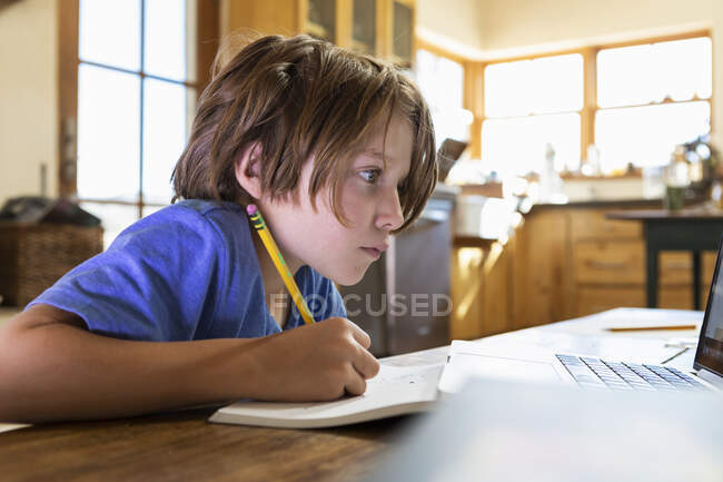 Молодий хлопчик вдома дивиться на екран ноутбука, і пише в блокноті . — стокове фото
