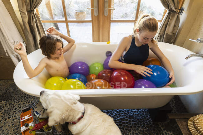 Мальчик и его старшая сестра в ванне, наполненной шариками с водой — стоковое фото