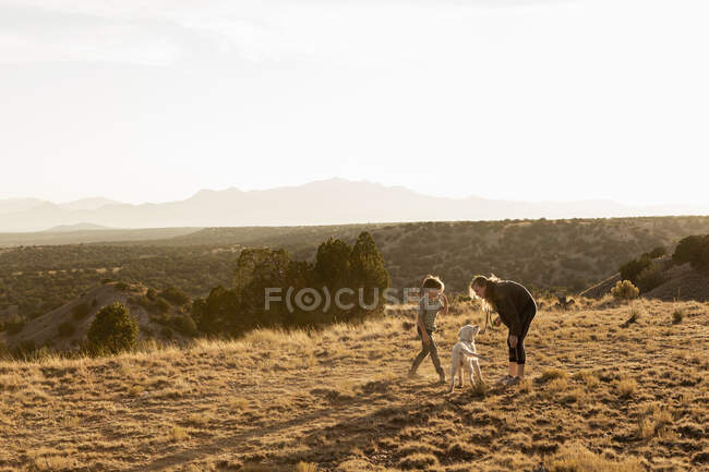 Kinder bei Sonnenuntergang spielen mit ihrem English Cream Golden Retreiver — Stockfoto