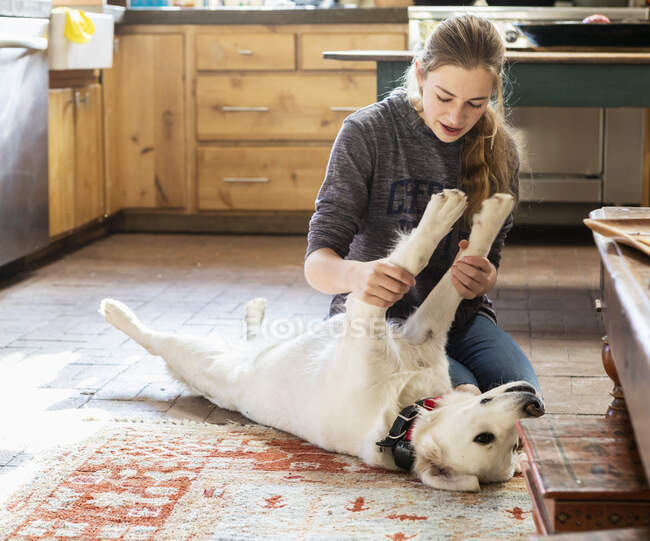 Девочка-подросток ласкает свою английскую собаку-ретривер — стоковое фото