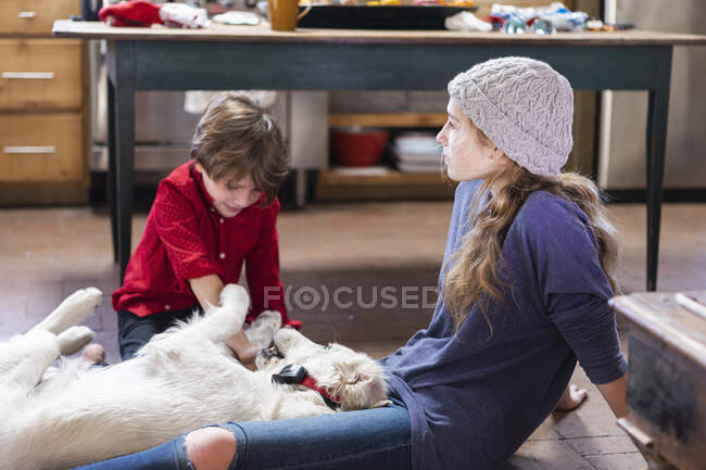 Teenager-Mädchen und ihr jüngerer Bruder spielen mit ihrem Golden Retriever — Stockfoto