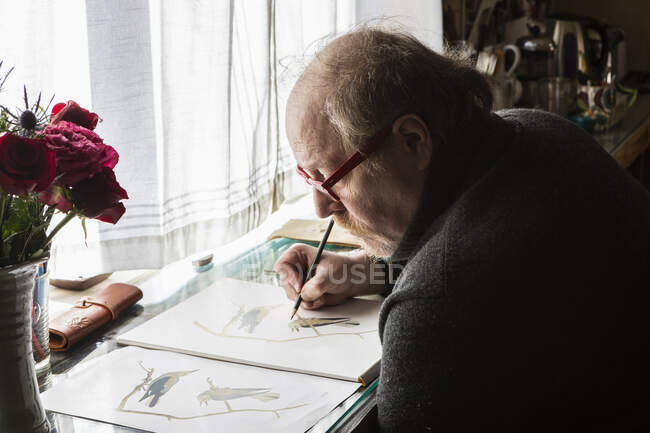 Зрелый художник за работой рисует на бумаге, изучает дикую природу птиц. — стоковое фото