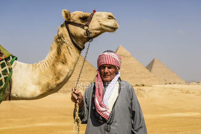 Three pyramids, monuments and burial tombs of the pharaohs Khufu, Khafre, and Menkaure, a tourist guide holding a camel — Stock Photo