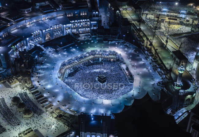 La peregrinación islámica anual del Hayy a La Meca, Arabia Saudita, la ciudad más sagrada para los musulmanes. Vista aérea. - foto de stock