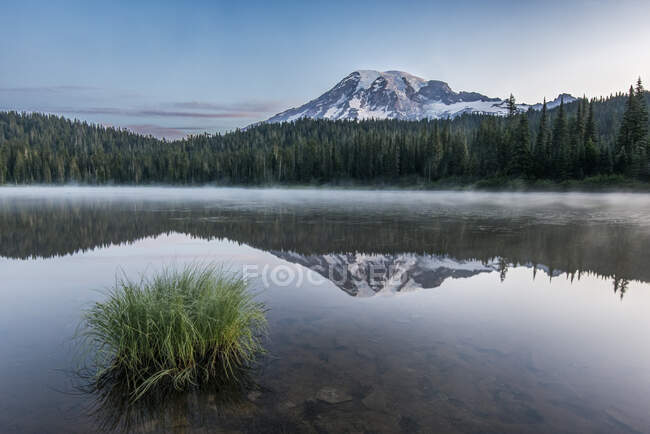 Reflexão do Monte Rainier no Lago de Reflexão no Parque Nacional Mount Rainier ao amanhecer. — Fotografia de Stock