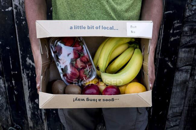 Nahaufnahme einer Person, die eine Bio-Obst- und Gemüsebox mit einer Auswahl an frischen Produkten in der Hand hält. — Stockfoto