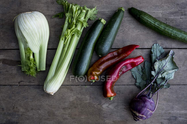 Alto ángulo de primer plano de la selección de verduras recién recogidas. - foto de stock