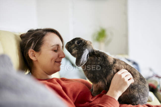 Casa de mascotas conejo llegar hacia la mujer con los ojos cerrados en el sofá - foto de stock