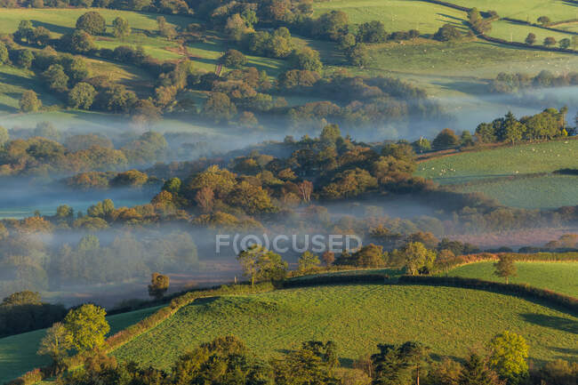Misty valley in The Western Brecon Beacons National Park, Gales, Reino Unido - foto de stock