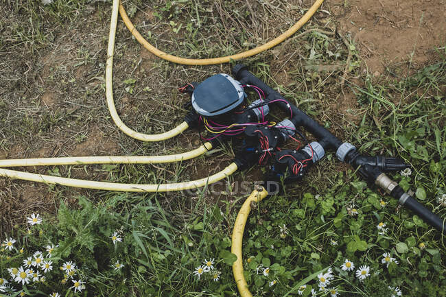 High angle close up of irrigation system in a field. — Stock Photo