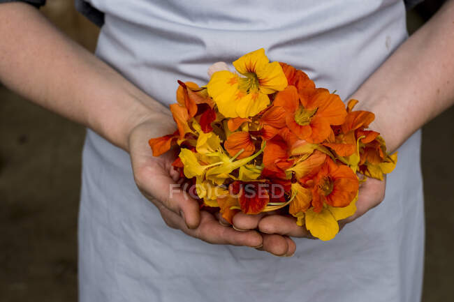 Nahaufnahme einer Person mit einem Strauß essbarer Blumen. — Stockfoto