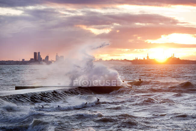 A weather storm in the Baltic Sea, waves crashing over a pier — Foto stock