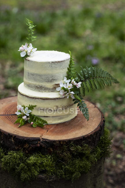 Gâteau décoré de fleurs pour une cérémonie en plein air — Photo de stock
