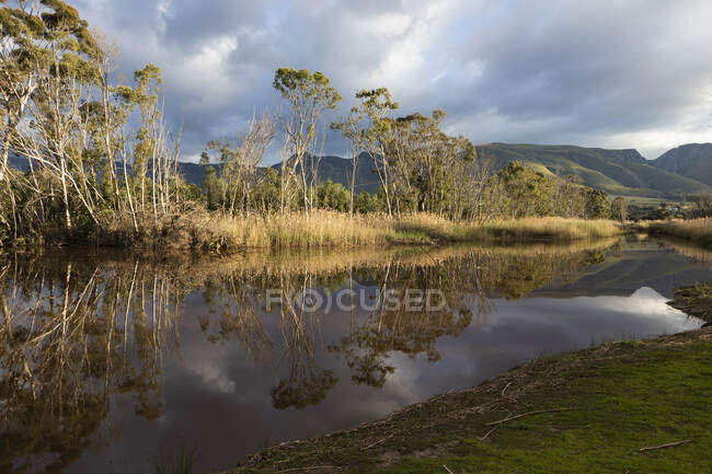 Clouds gathering above the Klein River, mountain range and flat calm water. — Stock Photo