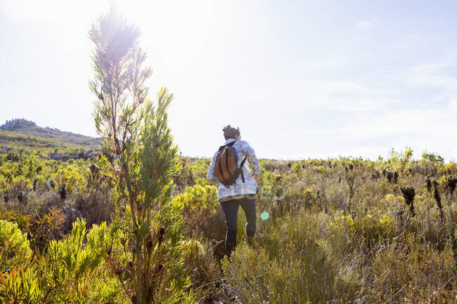 Frau beim Wandern auf einem Naturpfad, Phillipskop Nature Reserve, Stanford, Südafrika. — Stockfoto