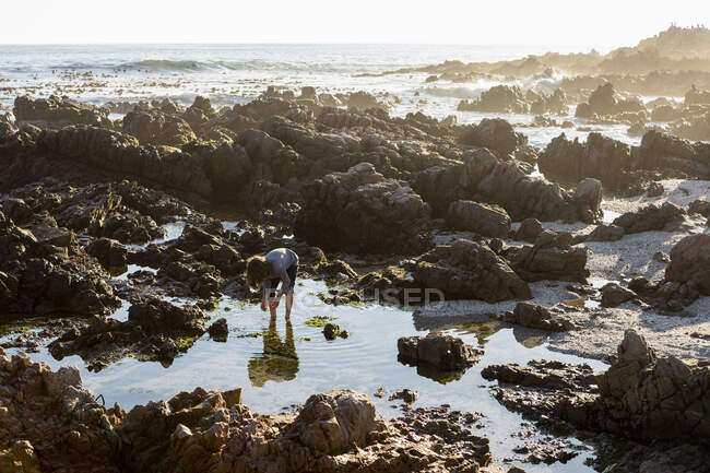 Young boy exploring a rock pool among the jagged rocks of the Atlantic Ocean coastline at sunset — Stock Photo