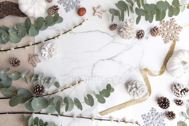 Decorazioni natalizie su sfondo bianco, foglie verdi e bacche rosse — Foto stock