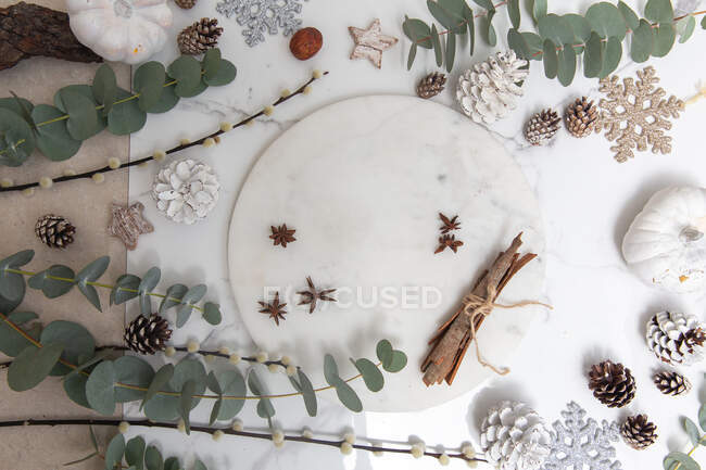 Decoraciones navideñas sobre fondo blanco, hojas verdes y bayas rojas - foto de stock