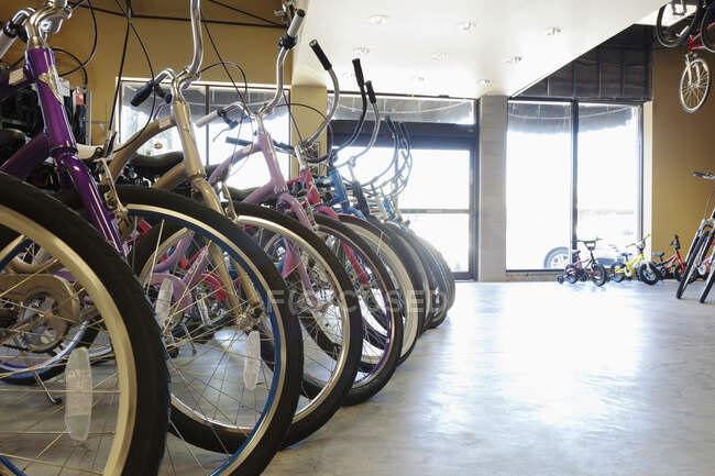 Taller de reparación de bicicletas interior, filas de bicicletas. - foto de stock