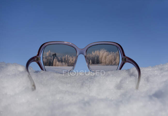 Vista paisagem de inverno nevado através de óculos de sol. Reflexão. — Fotografia de Stock