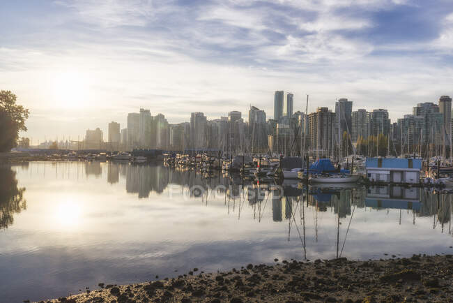 Boats moored in Vancouver harbour with skyscrapers behind. — Stock Photo