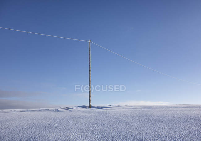 Wooden electric pole on empty snow covered landscape. Electrical industry, power line. — Stock Photo