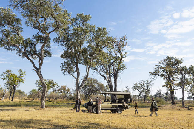 A safari vehicle stationary in grassland, and people standing around it. — Stock Photo