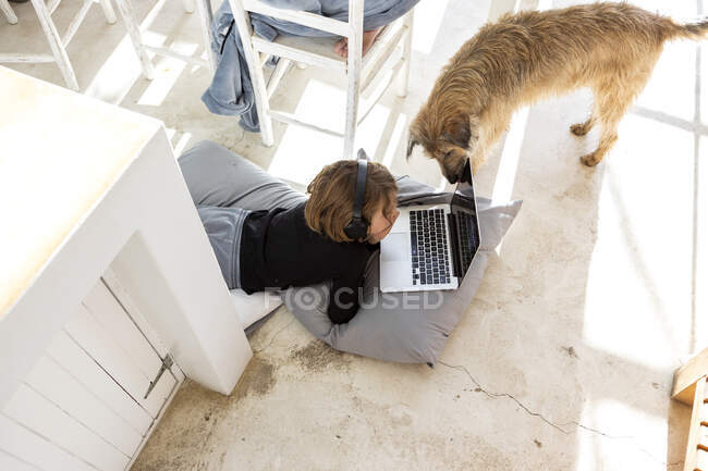 Восьмилетний мальчик, подбородок на руках, смотрит на экран ноутбука, любопытная собака, сморкающаяся на клавиатуре. — стоковое фото