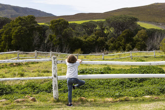 Achtjähriger Junge lehnt an Zaun und betrachtet Pferde auf einem Feld — Stockfoto