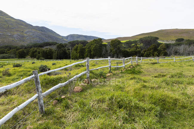 Valla de poste y ferrocarril alrededor de un campo en una granja. - foto de stock