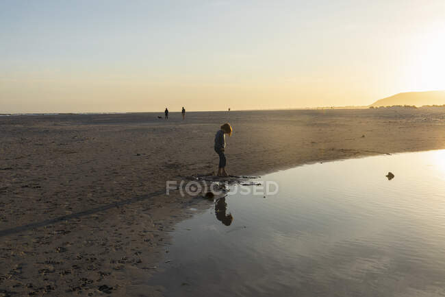 Rapaz numa praia, a olhar para o seu reflexo numa piscina, maré baixa, pôr-do-sol. — Fotografia de Stock