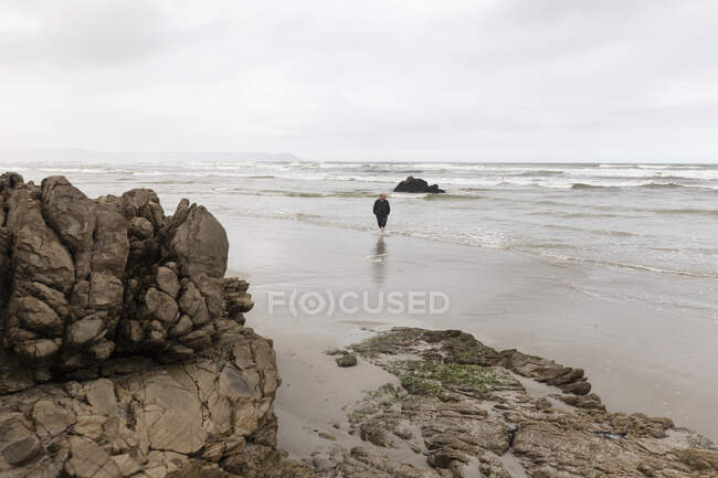Un homme marchant à travers le sable jusqu'au bord de l'eau sur une plage, jour couvert et vagues de surf se brisant sur le rivage. — Photo de stock
