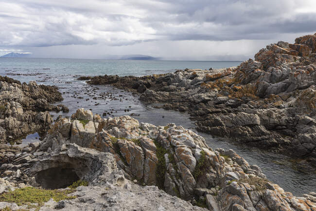 Скелястий ріг узбережжя, еродований пісковик, вид на океан — стокове фото