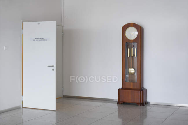 A large modern grandfather clock with weights and pendulum in a white empty room. — Stock Photo