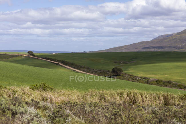 Vista elevata sul paesaggio e sui terreni agricoli all'ombra di una catena montuosa — Foto stock
