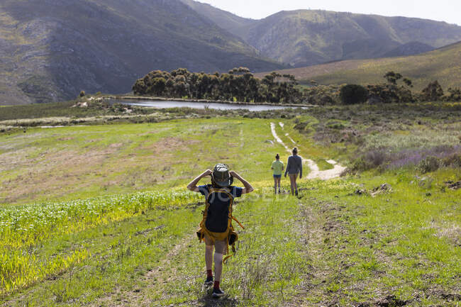 Young boy hiking, Stanford Valley Guest Farm, Stanford, Western Cape, South Africa. — Stock Photo