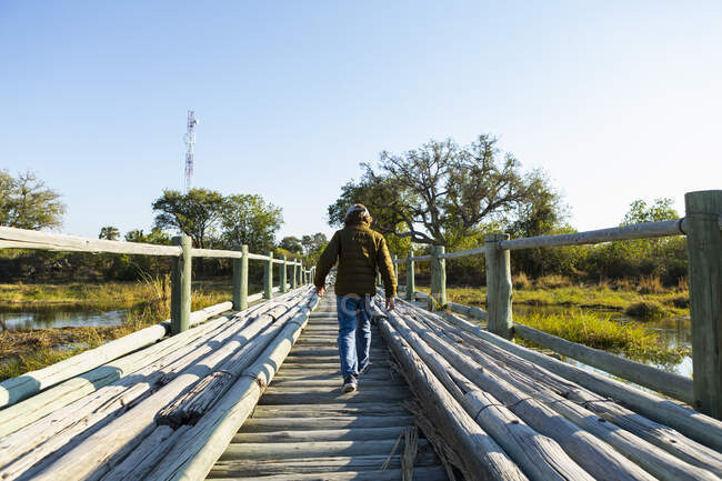 Un niño caminando a través de un puente de madera sobre el pantano solo - foto de stock