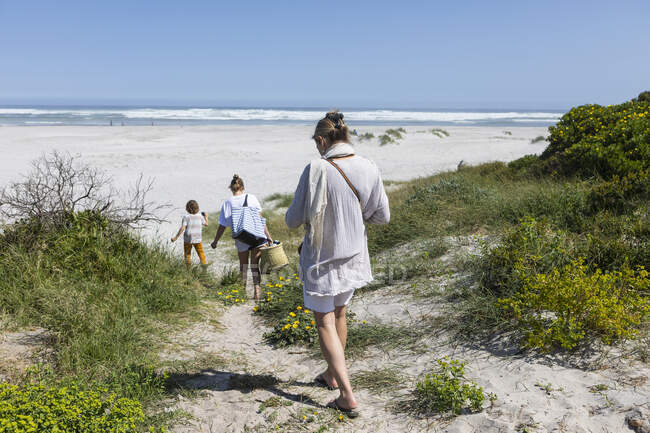 Семья, идущая по песчаным дюнам к океану с корзинами и сумками. — стоковое фото