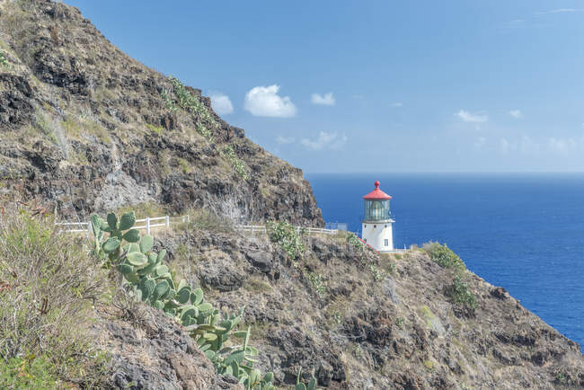Lighthouse on hillside at Makapuu Point. - foto de stock