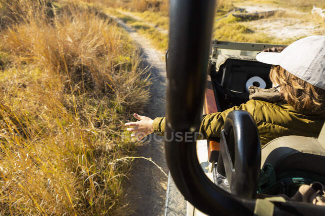 Mano de niño extendiéndose desde un vehículo de safari - foto de stock