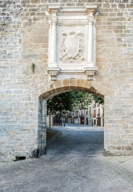 Arco di mattoni in un muro con stemma sulla Gare francese. — Foto stock
