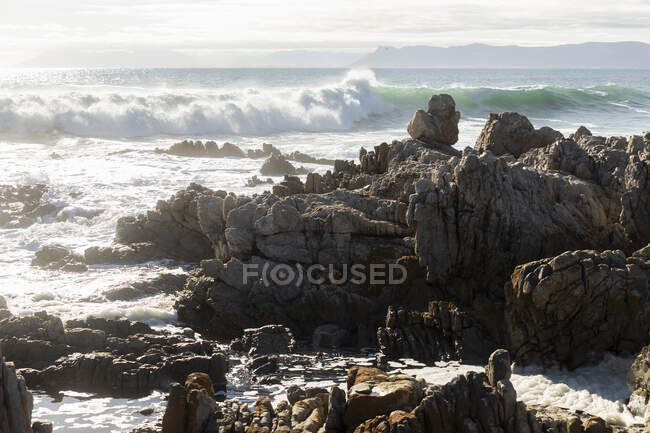 Rocce frastagliate sulla riva a De Kelders, onde alte che rotolano e si infrangono sulle rocce — Foto stock